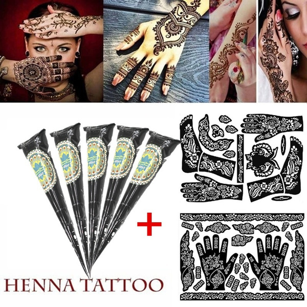 New Natural Black Herbal Henna Paste Cones Temporary Tattoo Kit Body Art  Paint Mehandi Ink With Henna Tattoo Stencil Tattoo Template Tool